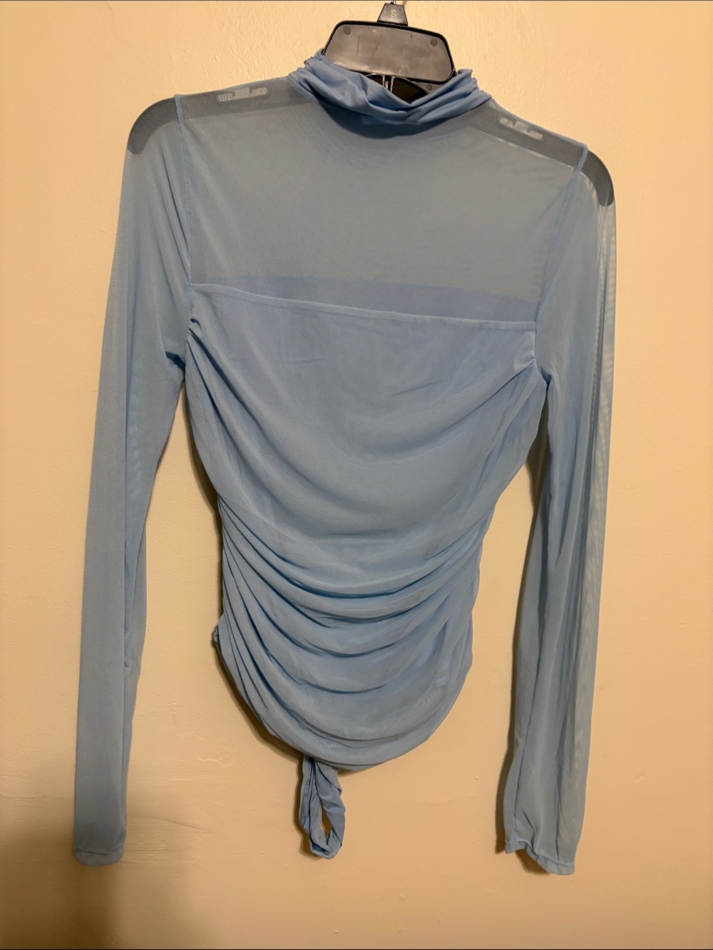 Light Blue Draped Long-Sleeve Mesh Top